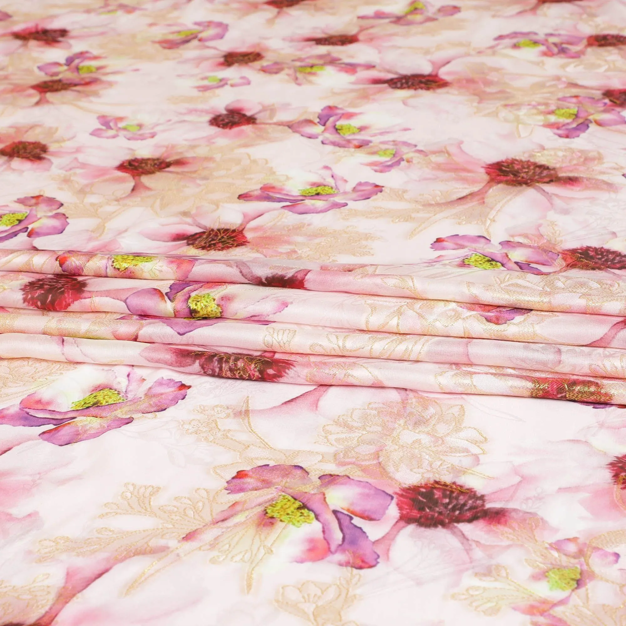 Baby pink Italian pure silk chiffon dirac with multicolor print and gold metallic lurex in floral design-D9373