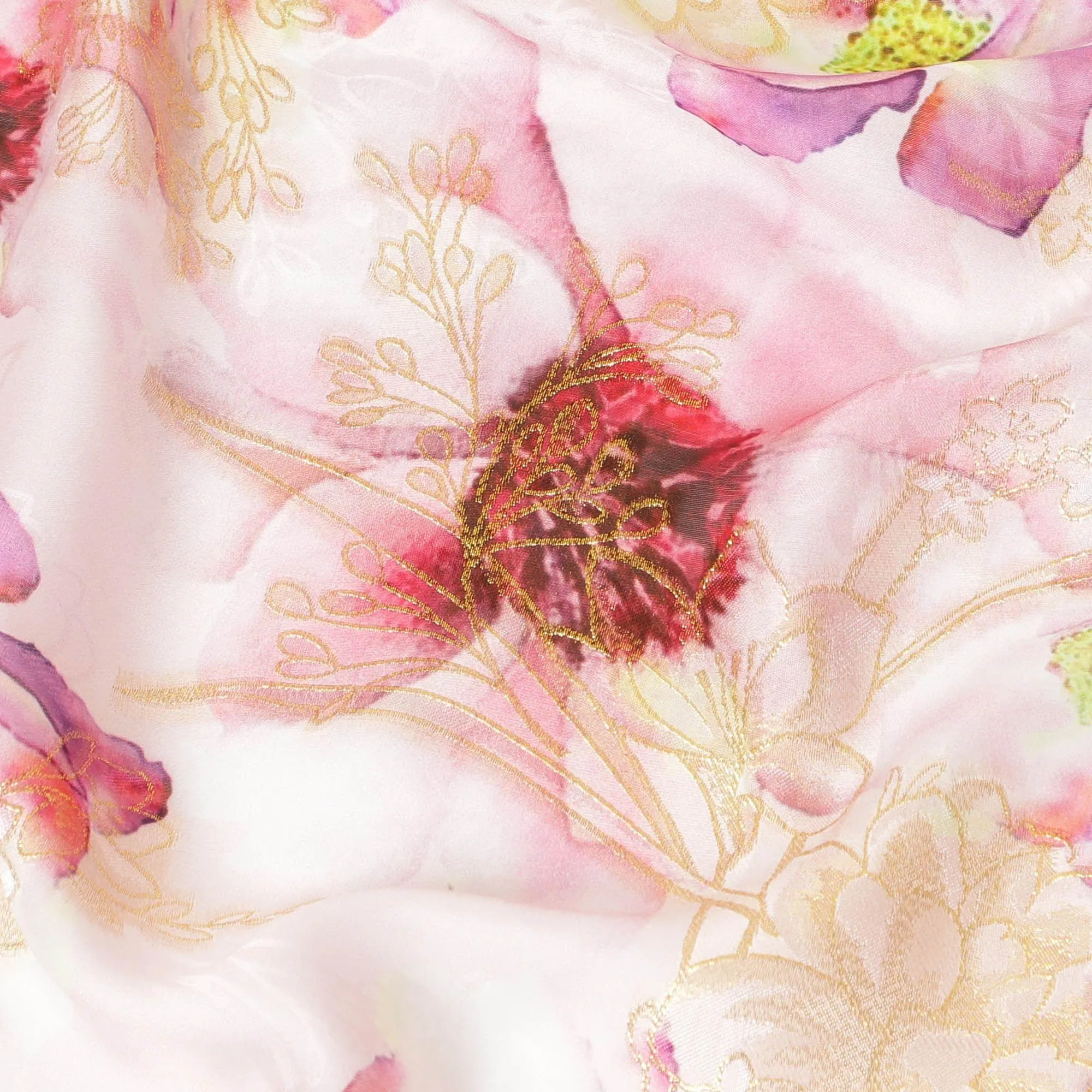 Baby pink Italian pure silk chiffon dirac with multicolor print and gold metallic lurex in floral design-D9373