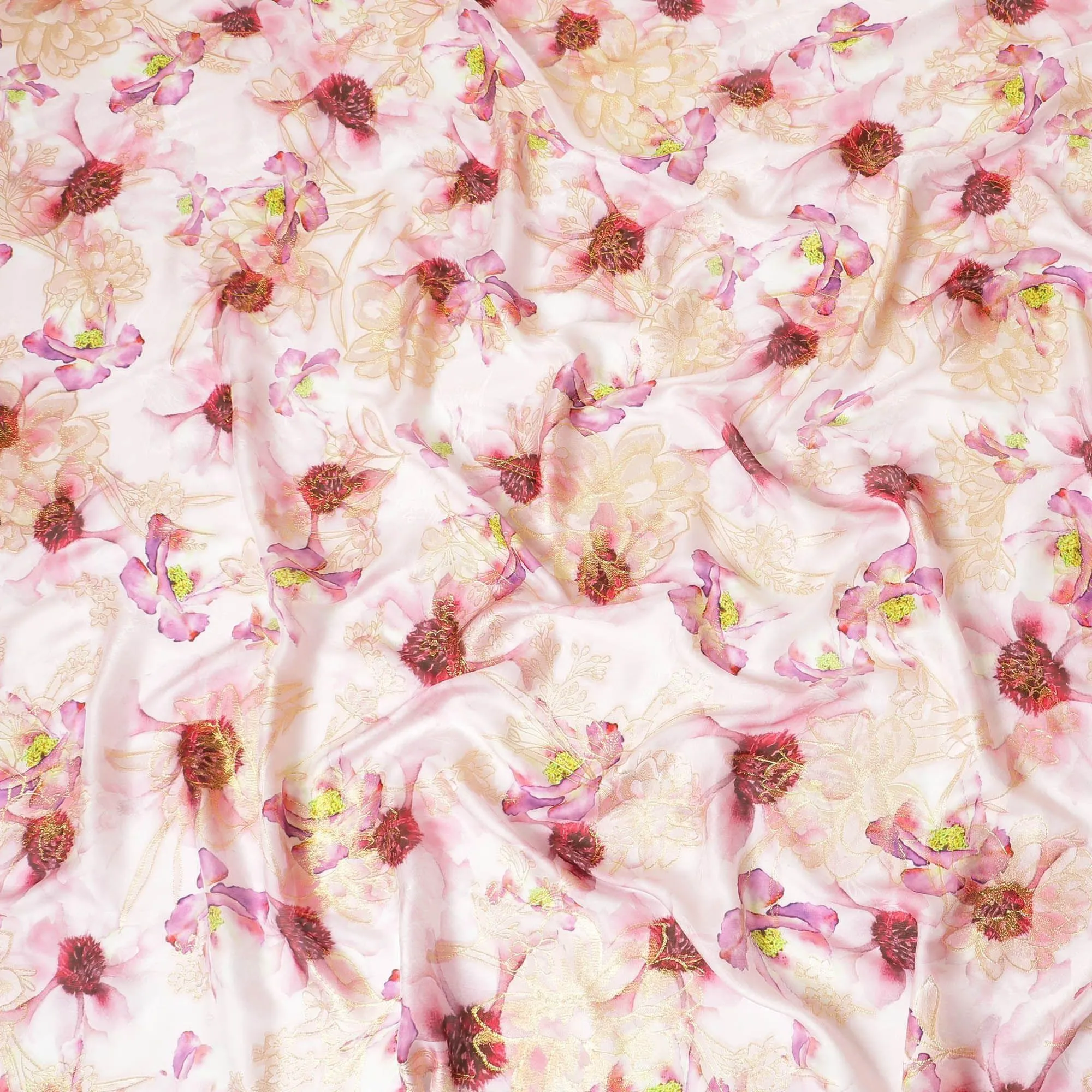 Baby pink Italian pure silk chiffon dirac with multicolor print and gold metallic lurex in floral design-D9373