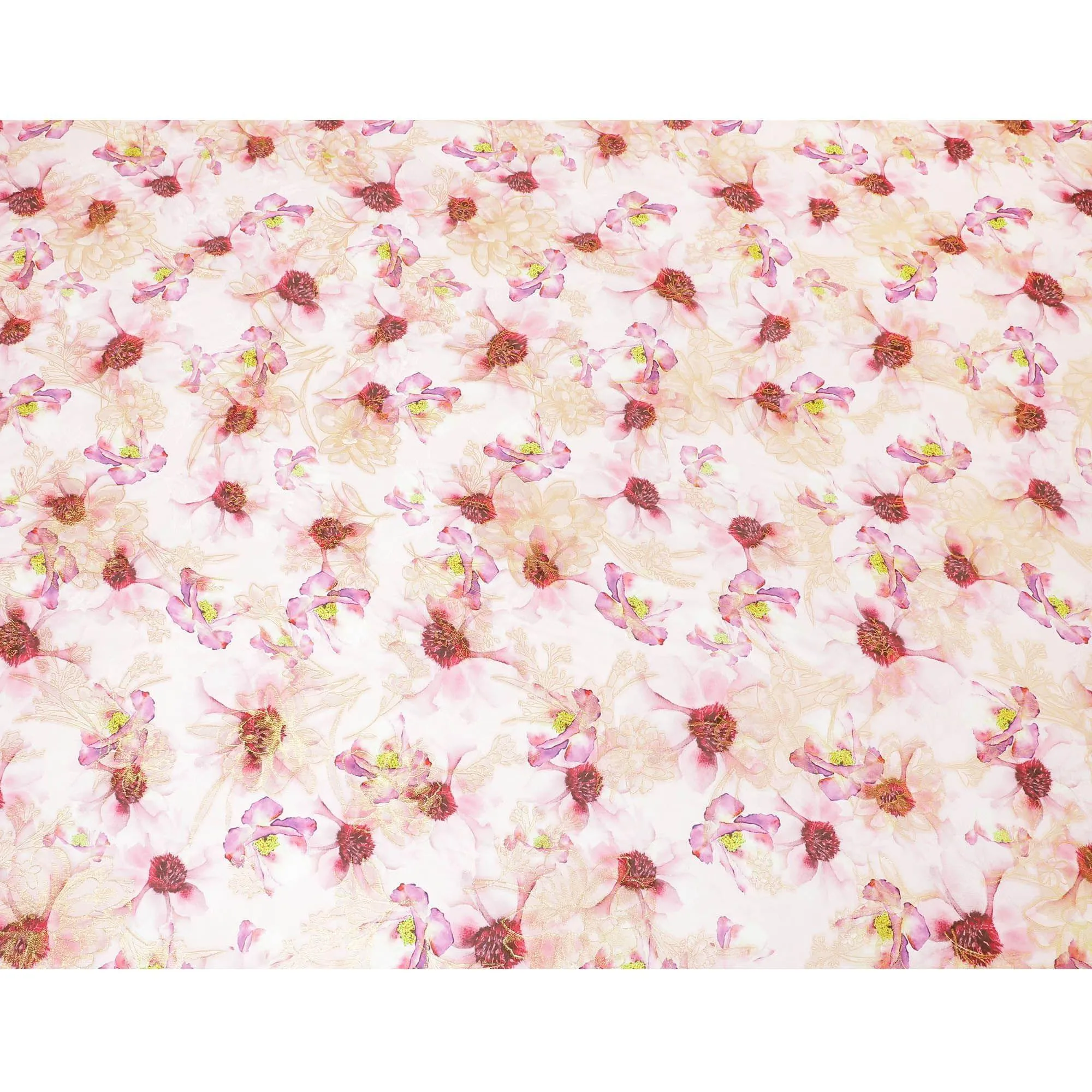 Baby pink Italian pure silk chiffon dirac with multicolor print and gold metallic lurex in floral design-D9373