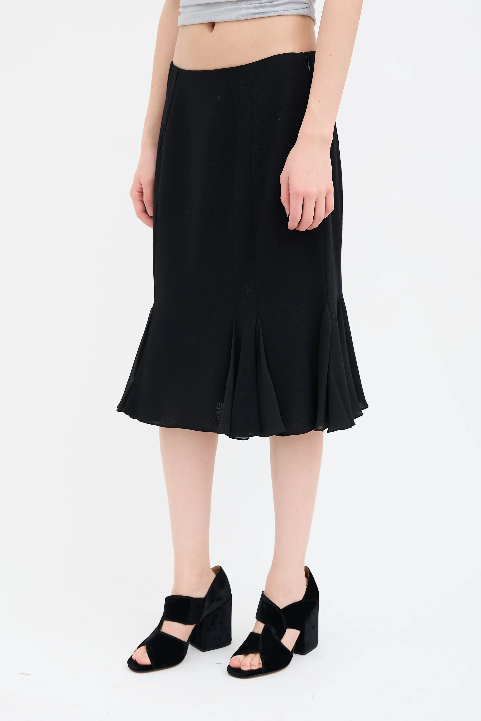 Black Wool Pleated Midi Skirt