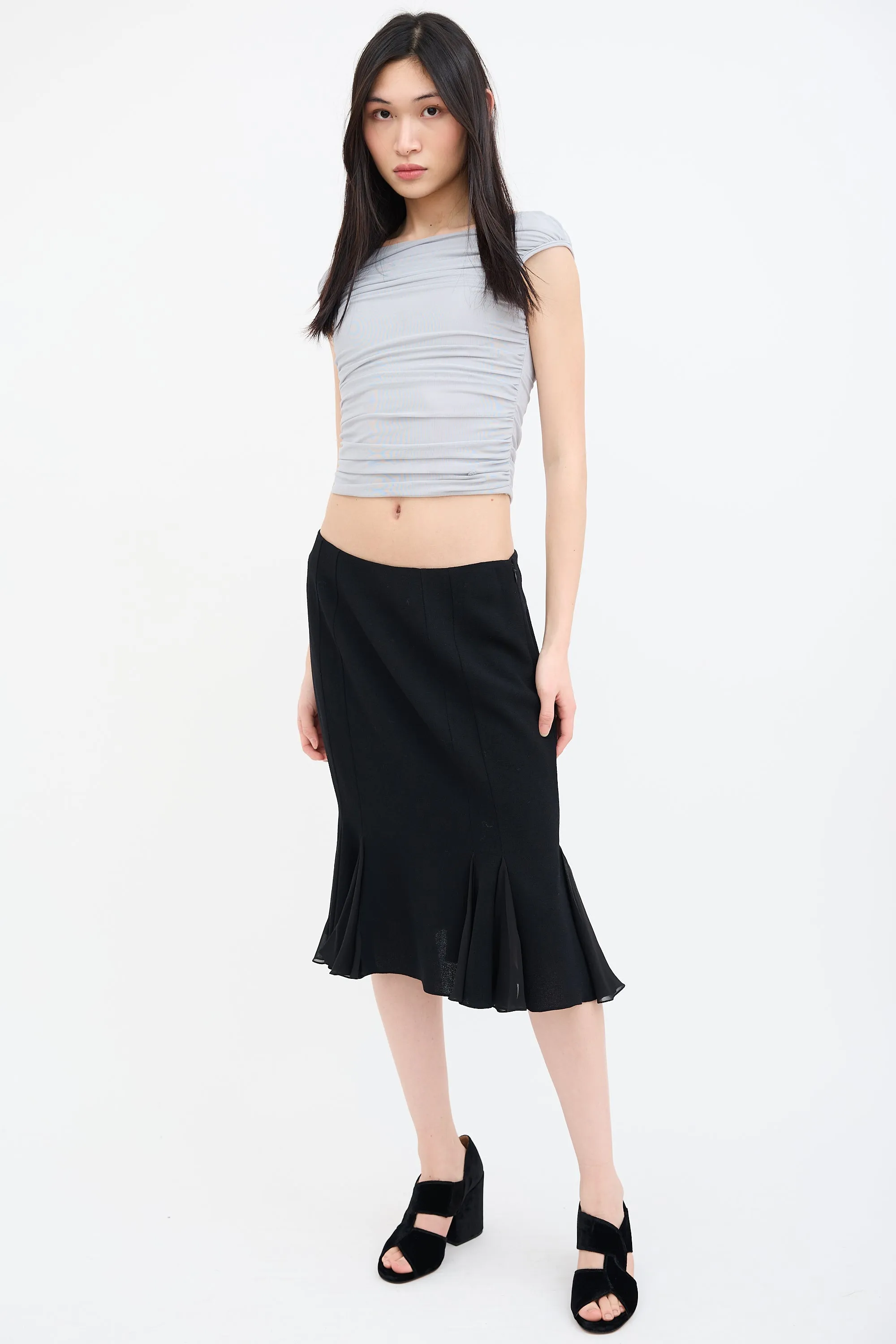Black Wool Pleated Midi Skirt