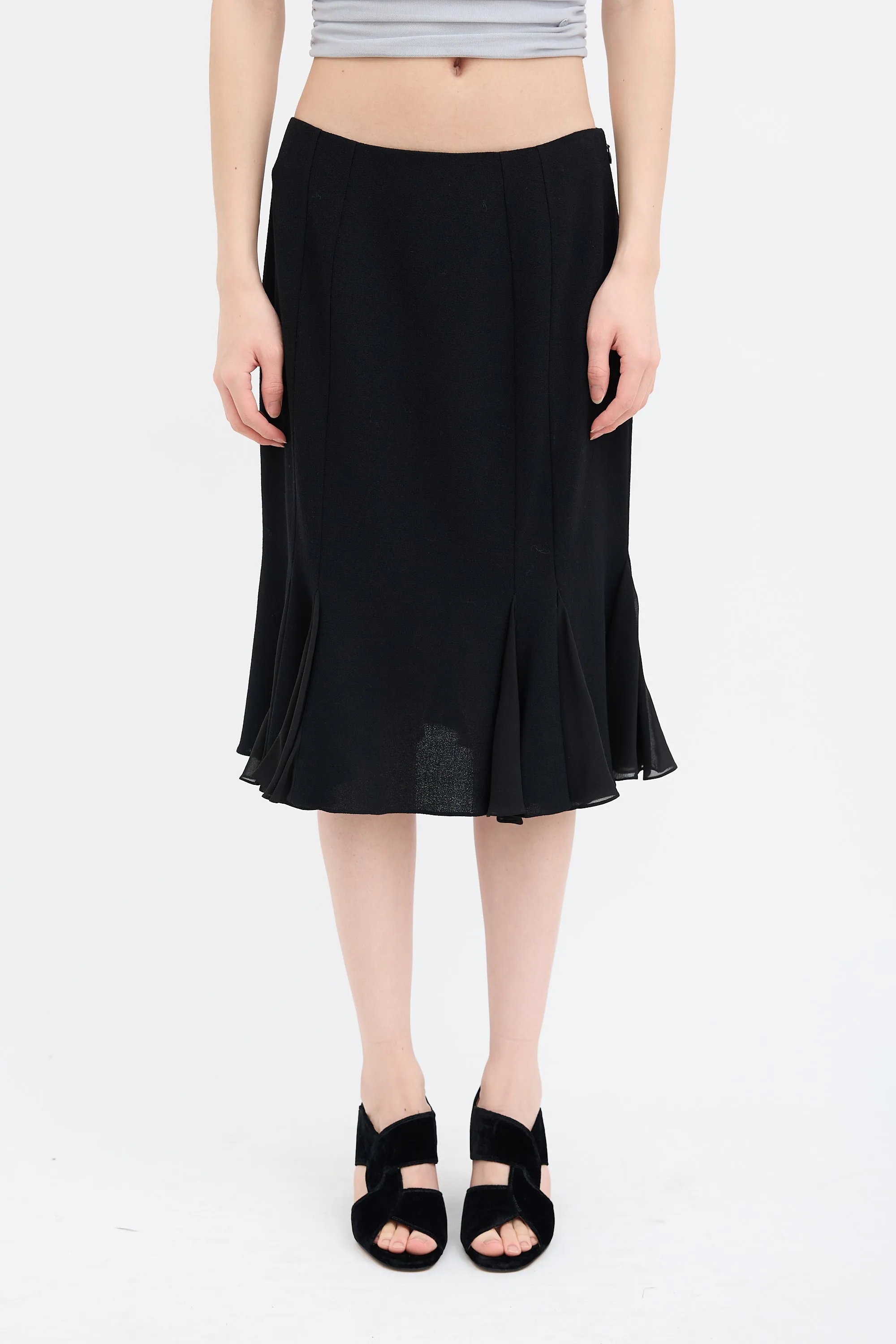 Black Wool Pleated Midi Skirt