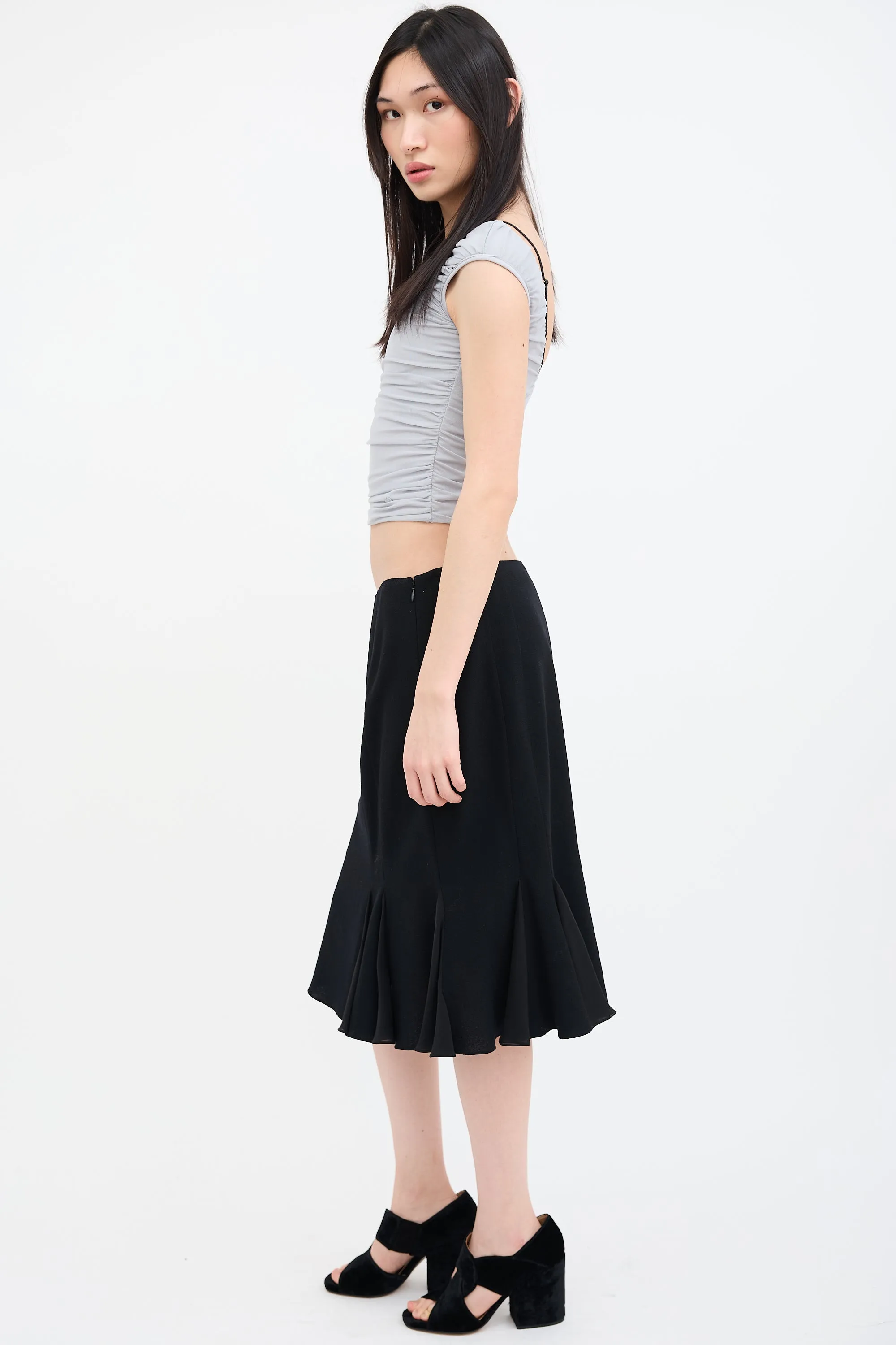 Black Wool Pleated Midi Skirt