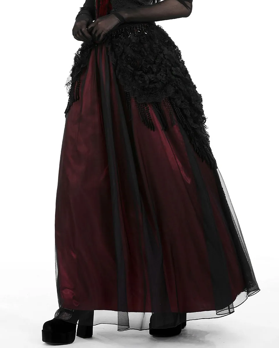 Dark In Love Gothic Petals Embellished Lace Layered Maxi Skirt - Red & Black