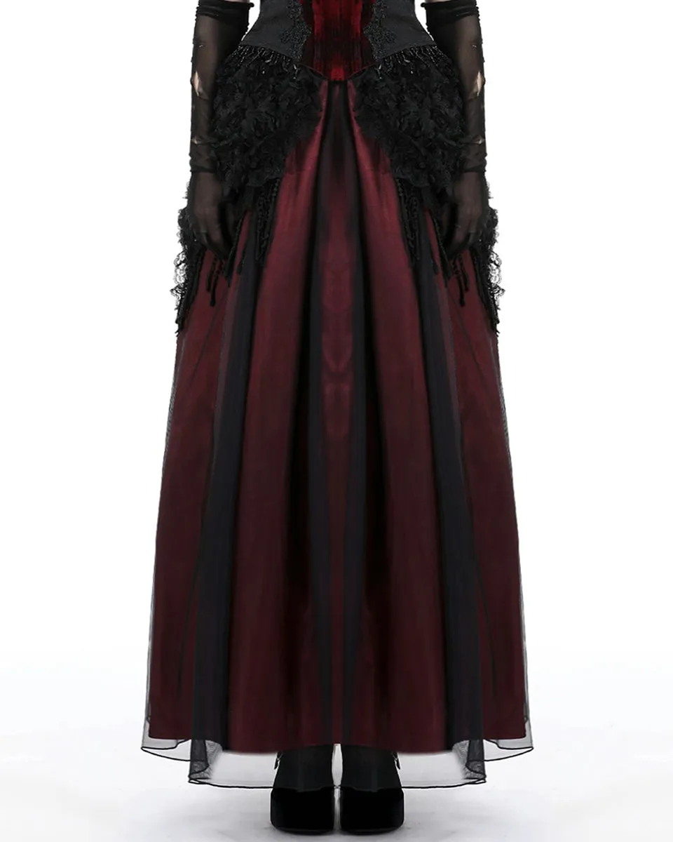Dark In Love Gothic Petals Embellished Lace Layered Maxi Skirt - Red & Black