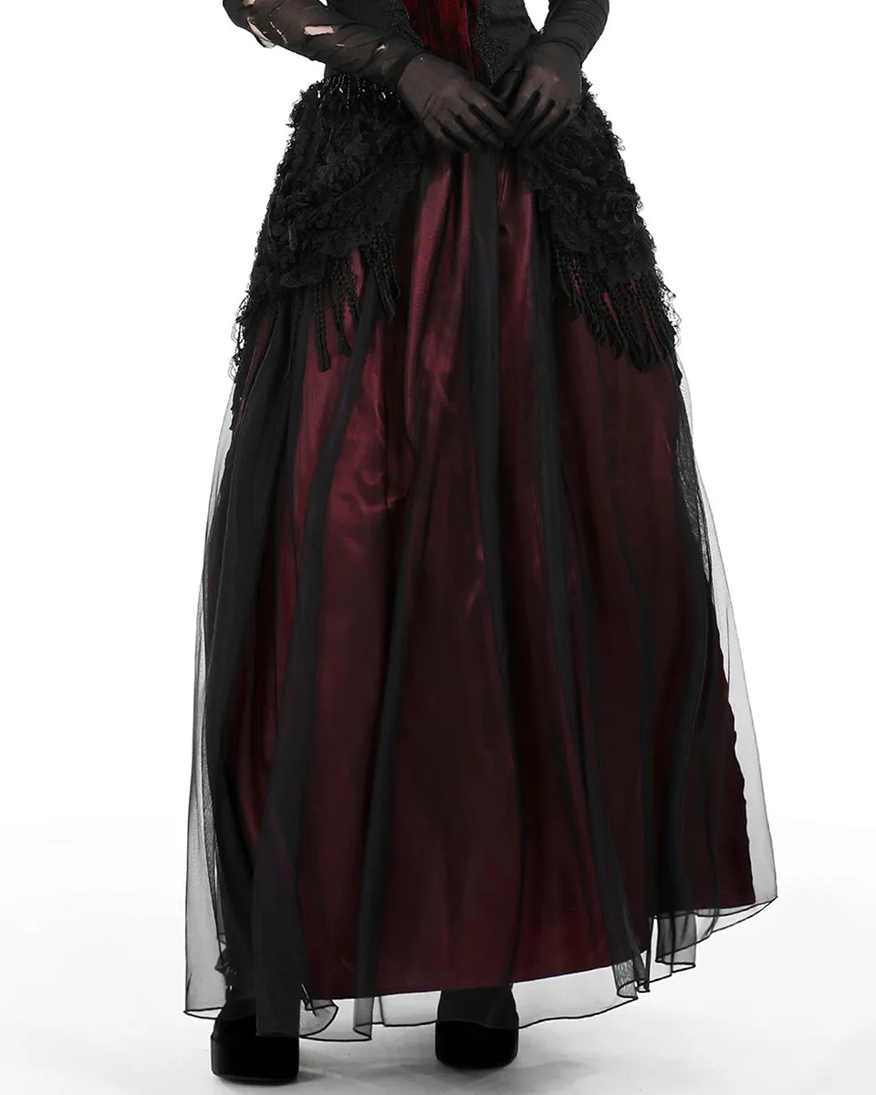 Dark In Love Gothic Petals Embellished Lace Layered Maxi Skirt - Red & Black