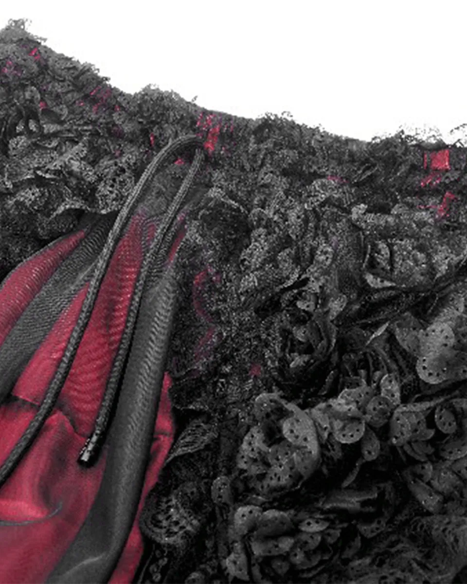 Dark In Love Gothic Petals Embellished Lace Layered Maxi Skirt - Red & Black