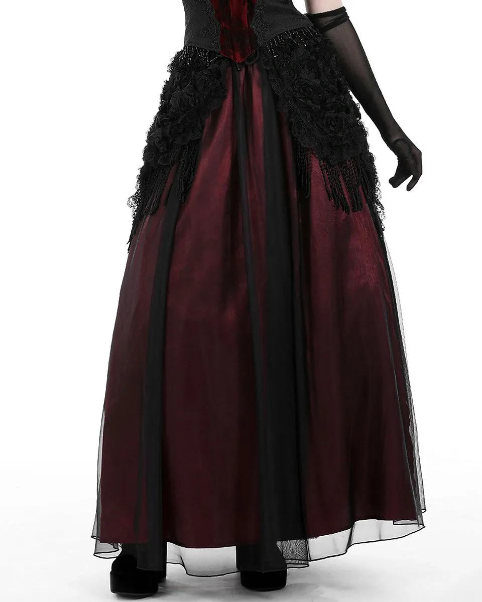 Dark In Love Gothic Petals Embellished Lace Layered Maxi Skirt - Red & Black