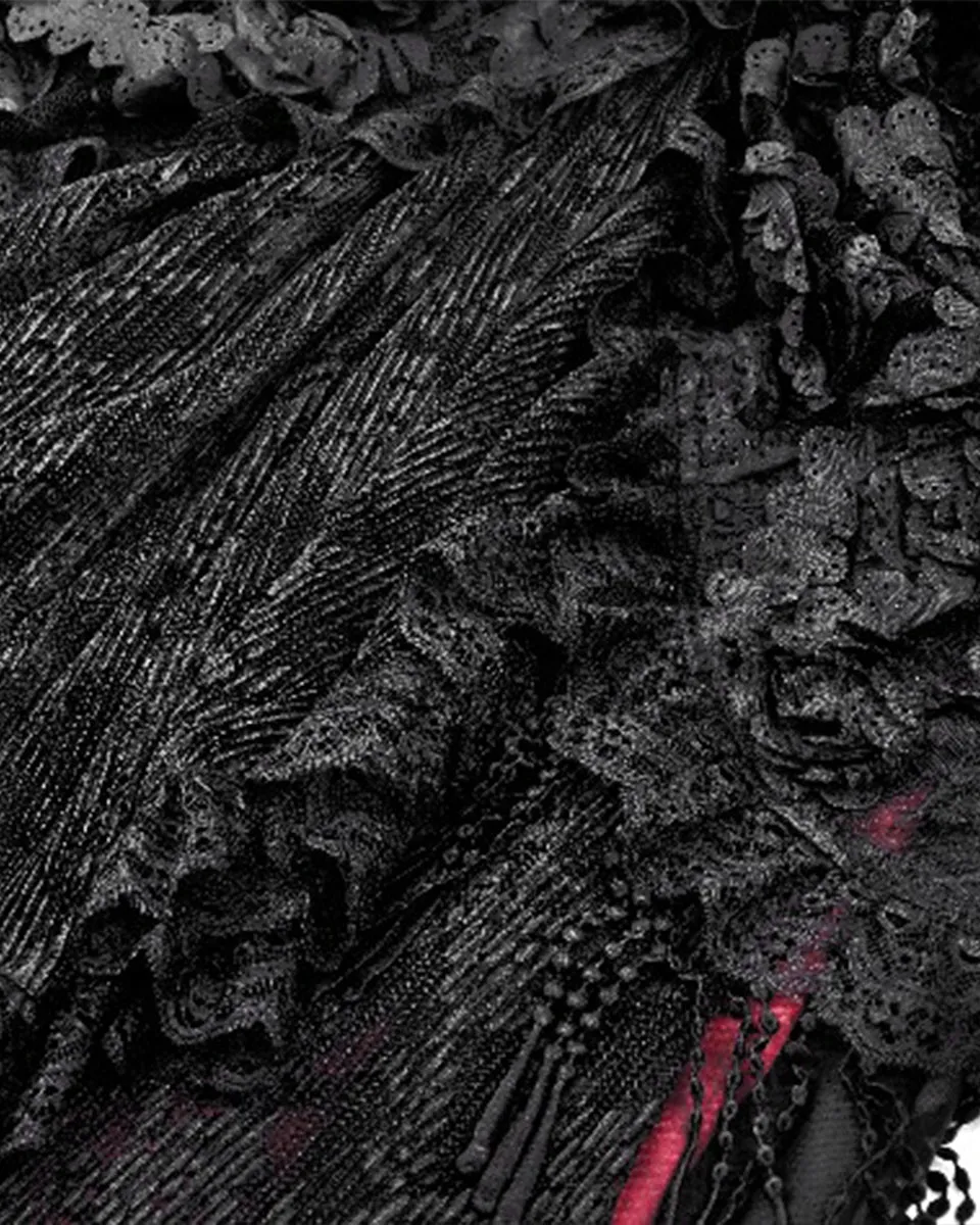Dark In Love Gothic Petals Embellished Lace Layered Maxi Skirt - Red & Black