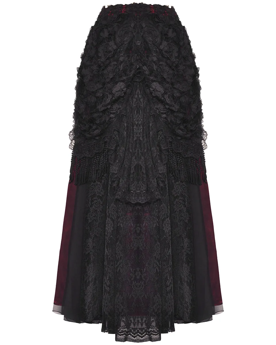 Dark In Love Gothic Petals Embellished Lace Layered Maxi Skirt - Red & Black