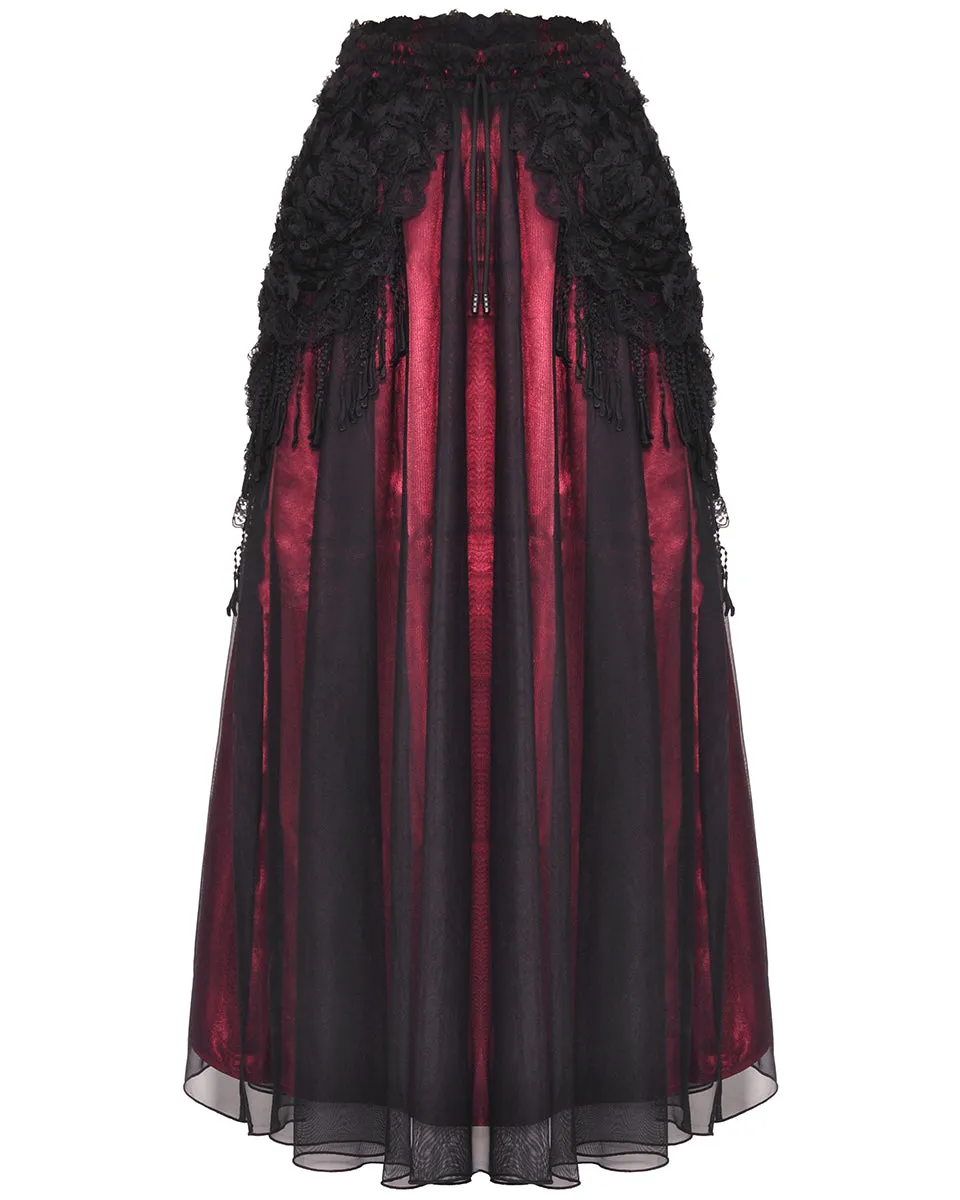 Dark In Love Gothic Petals Embellished Lace Layered Maxi Skirt - Red & Black