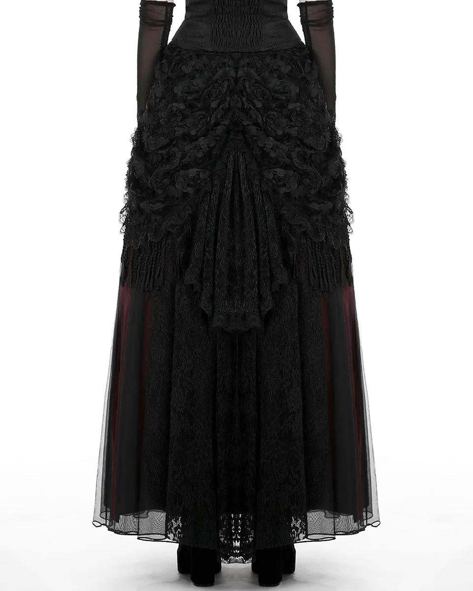 Dark In Love Gothic Petals Embellished Lace Layered Maxi Skirt - Red & Black