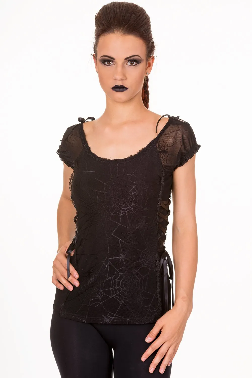 Goth Emo Spooky Spider & Spiderweb Black Mesh Lace up Top