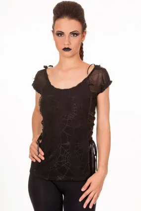 Goth Emo Spooky Spider & Spiderweb Black Mesh Lace up Top