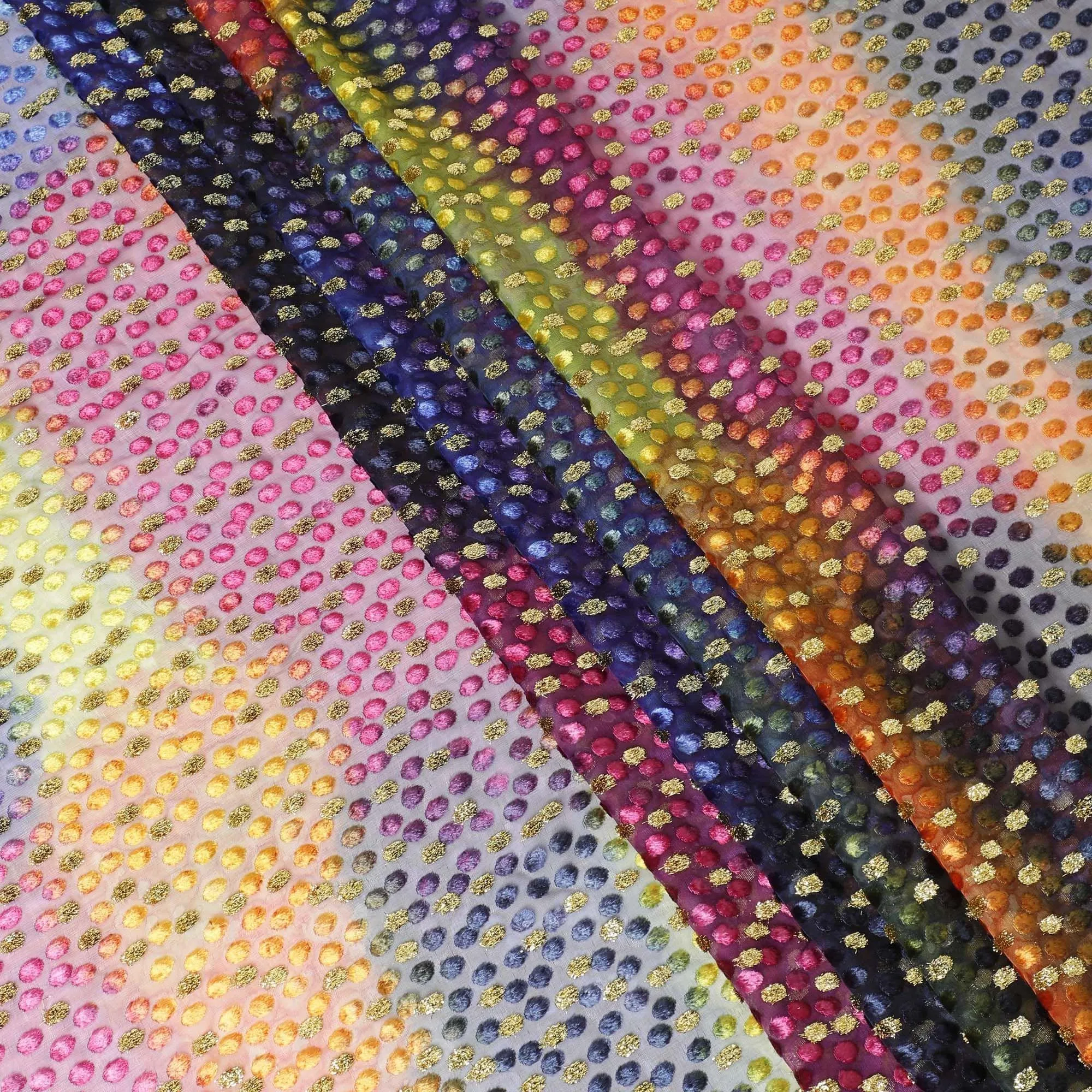 Hand Printed multi coloured Silk Chiffon fabric with gold metallic lurex and velvet in fancy design for Dirac - D9838