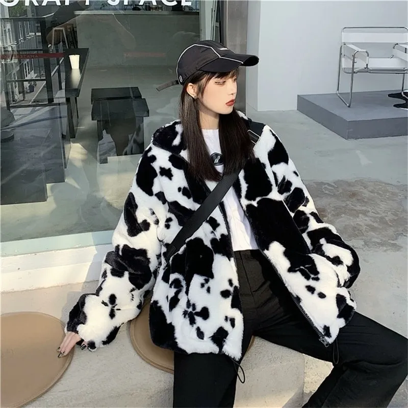 Kawaii Loose Plush Cow Print Hoodie