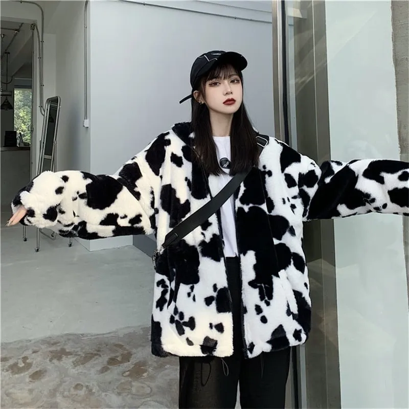 Kawaii Loose Plush Cow Print Hoodie