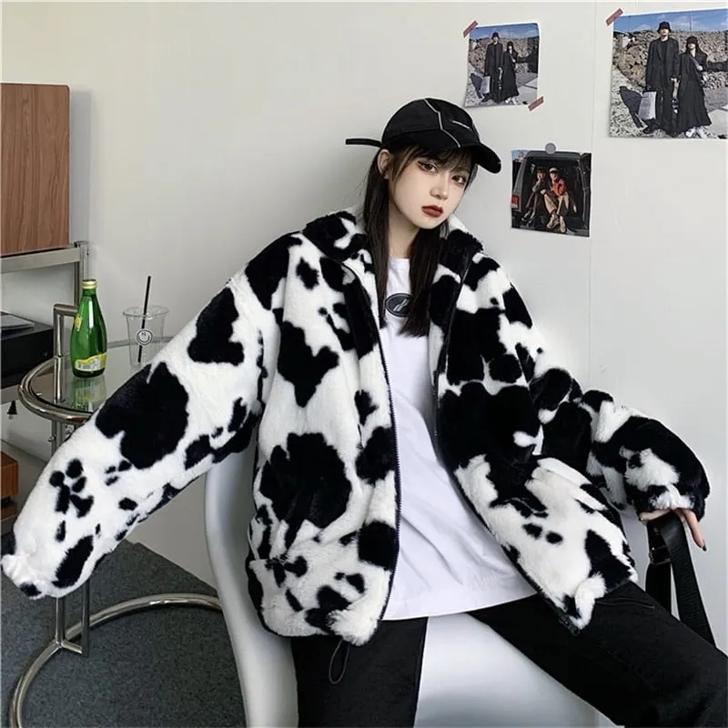 Kawaii Loose Plush Cow Print Hoodie
