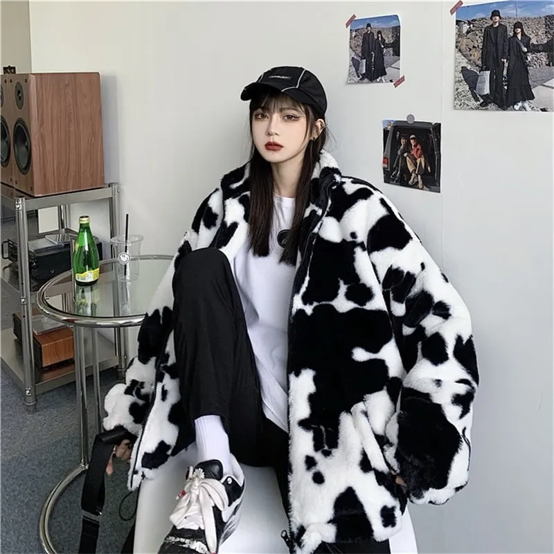 Kawaii Loose Plush Cow Print Hoodie