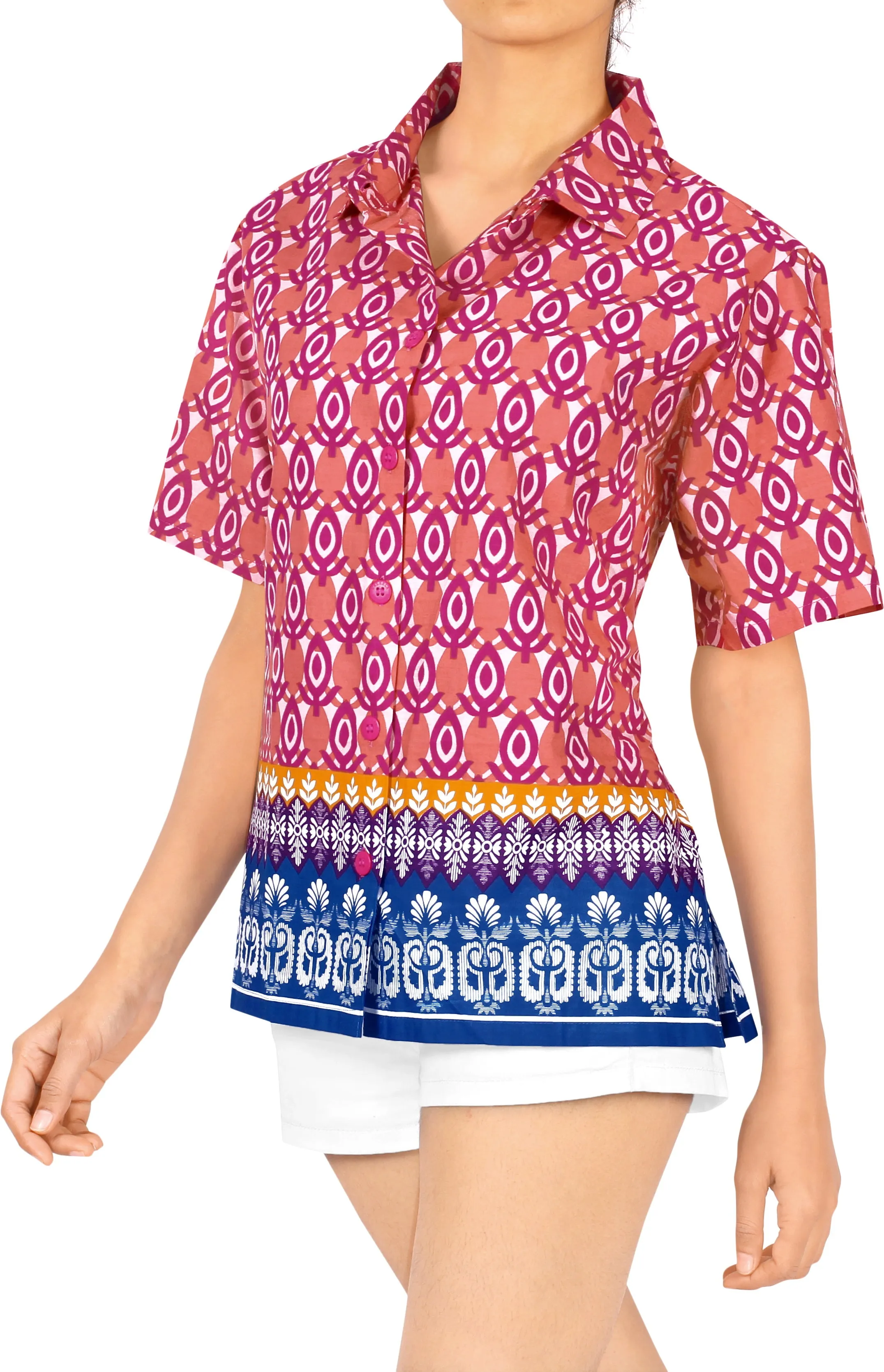 LA LEELA Women's Beach Casual Hawaiian Blouse Short Sleeve button Down Shirt Pink tops
