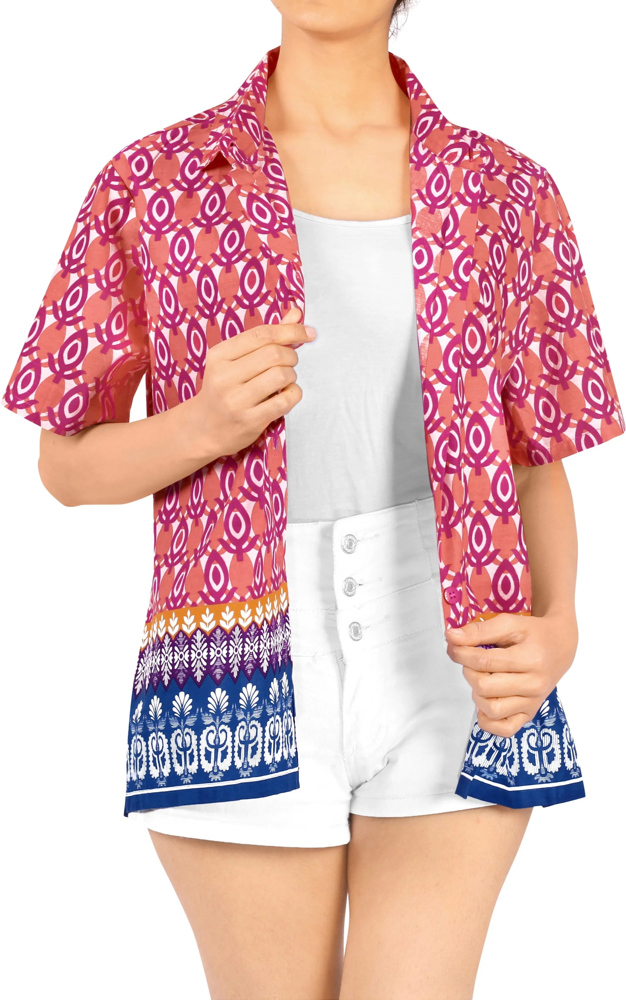 LA LEELA Women's Beach Casual Hawaiian Blouse Short Sleeve button Down Shirt Pink tops