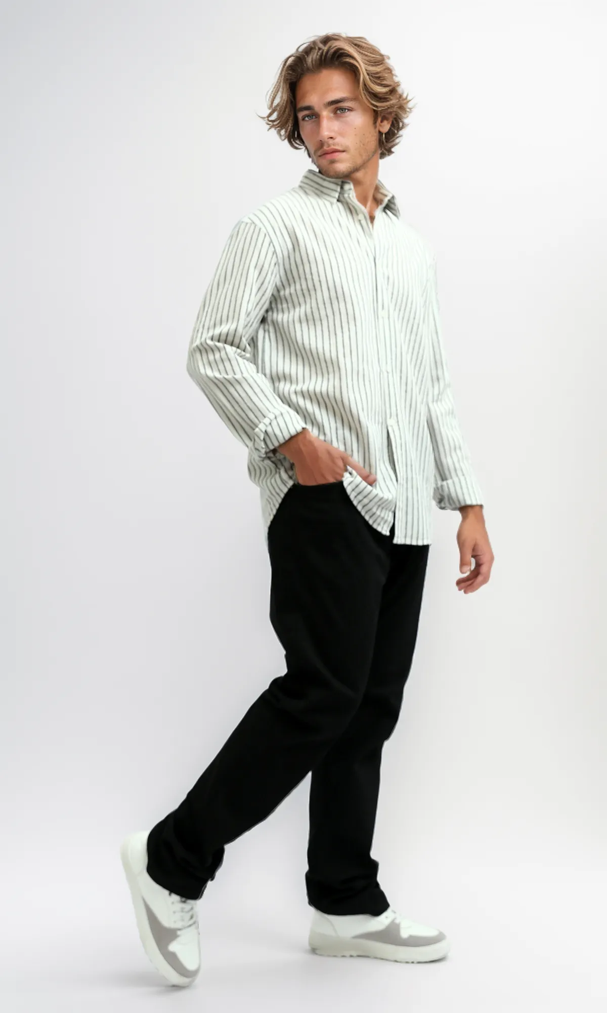O189623 Striped Classic Collar Full Buttoned White & Black Shirt