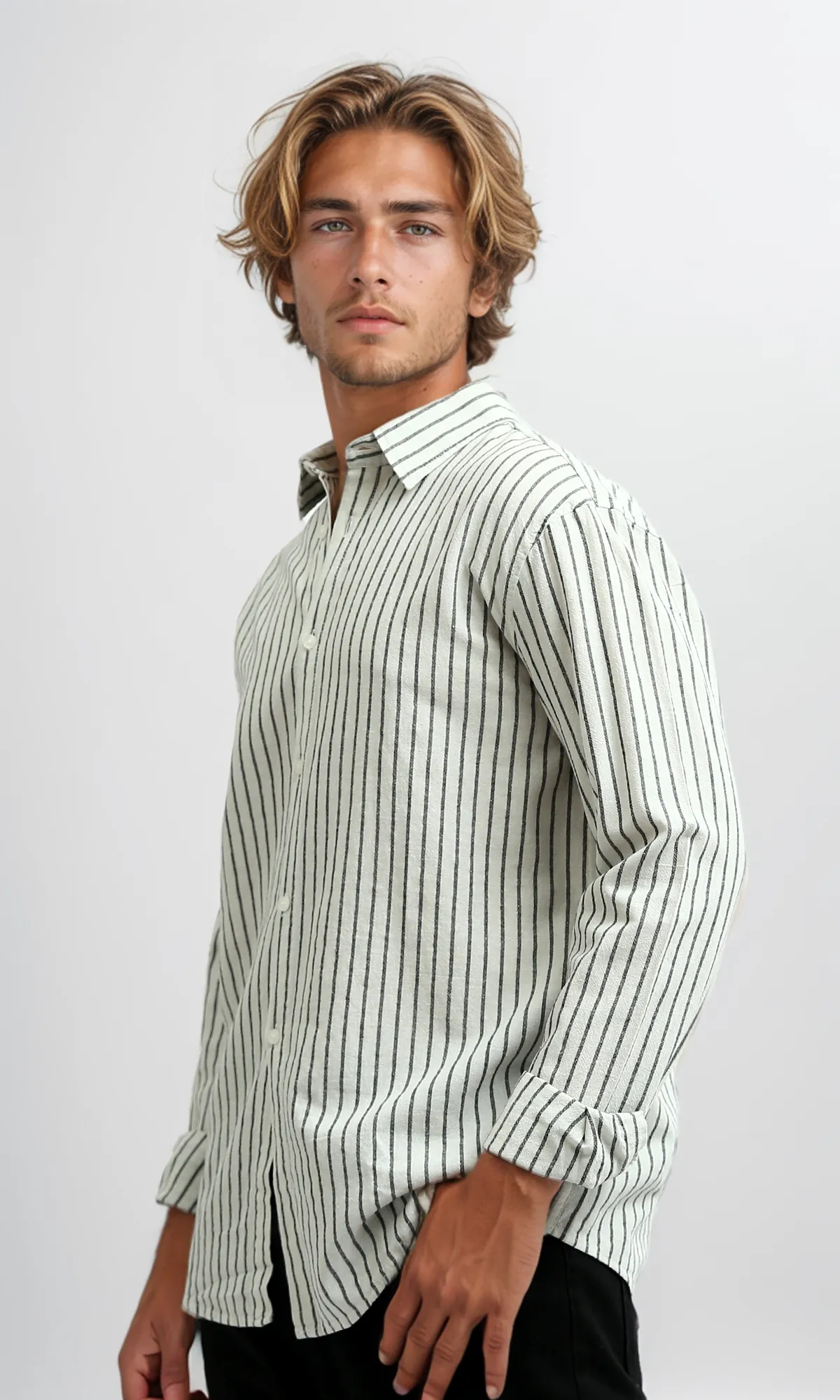 O189623 Striped Classic Collar Full Buttoned White & Black Shirt