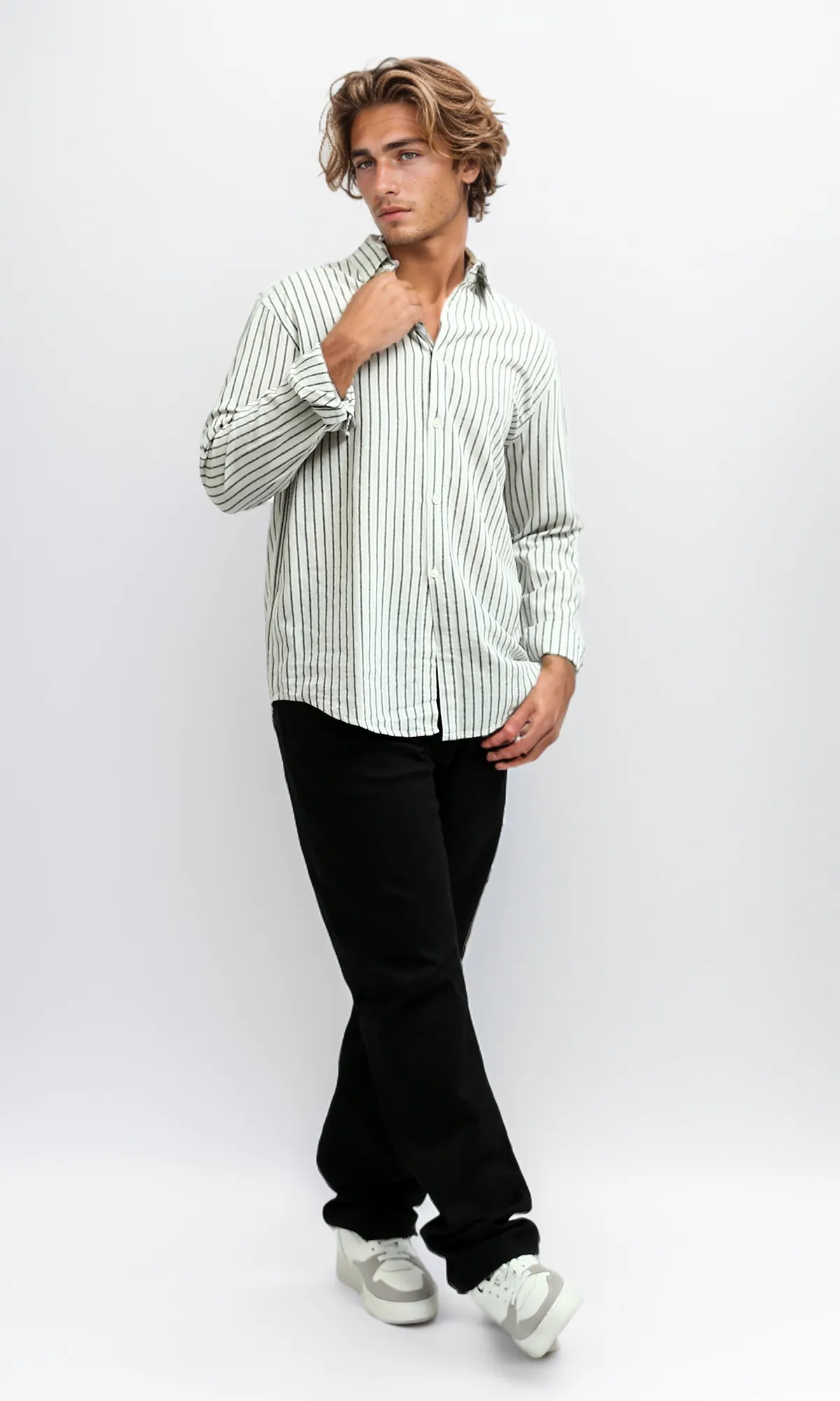 O189623 Striped Classic Collar Full Buttoned White & Black Shirt