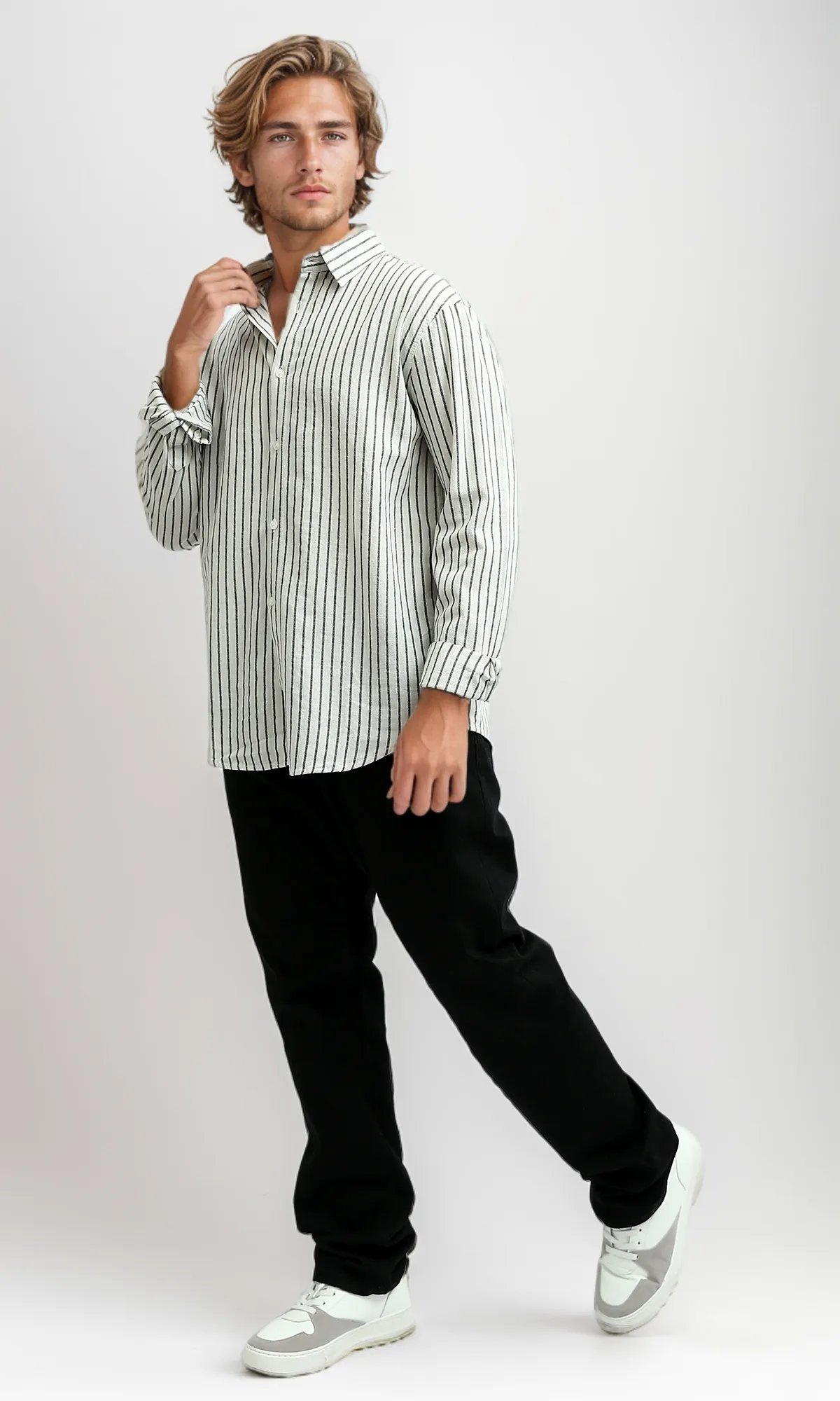 O189623 Striped Classic Collar Full Buttoned White & Black Shirt