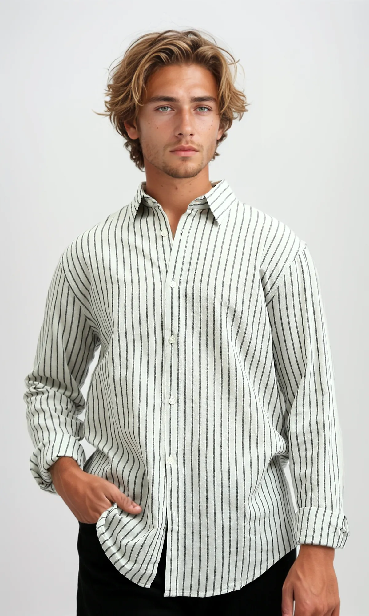O189623 Striped Classic Collar Full Buttoned White & Black Shirt