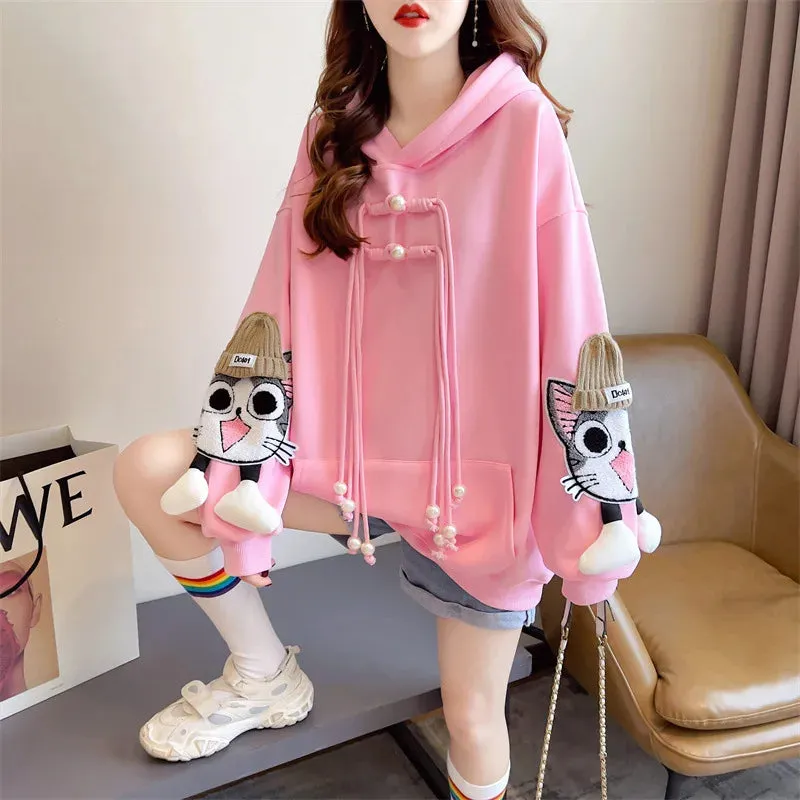 Süße Katzen-Hoodies für Fraue Lässiger, gestickter Pullover in Pink
