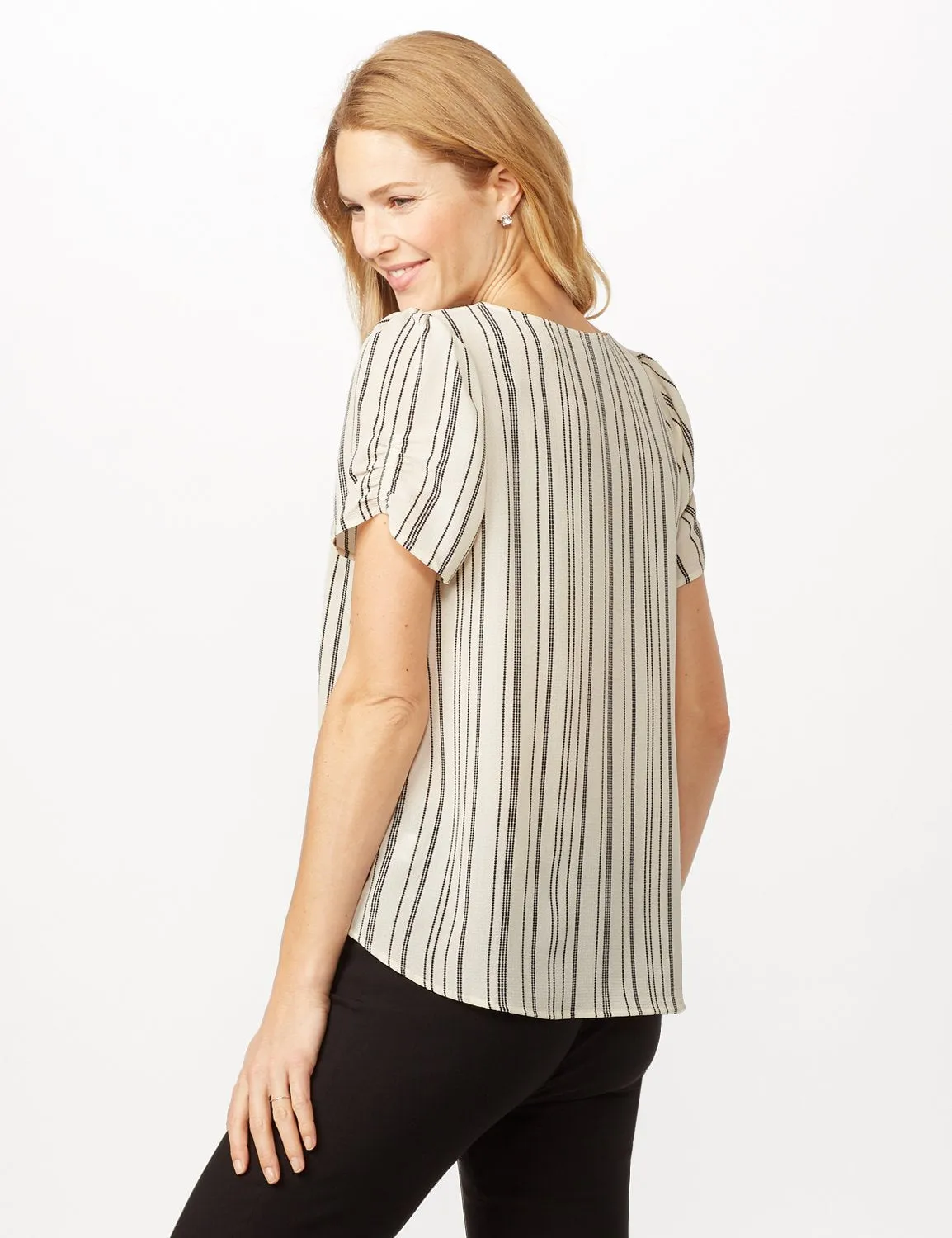 Short Sleeve Cinched Sleeve and Knot Stripe Woven Top