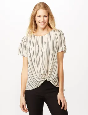 Short Sleeve Cinched Sleeve and Knot Stripe Woven Top