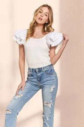 White Layered Ruffle Sleeve Ribbed Knit Top